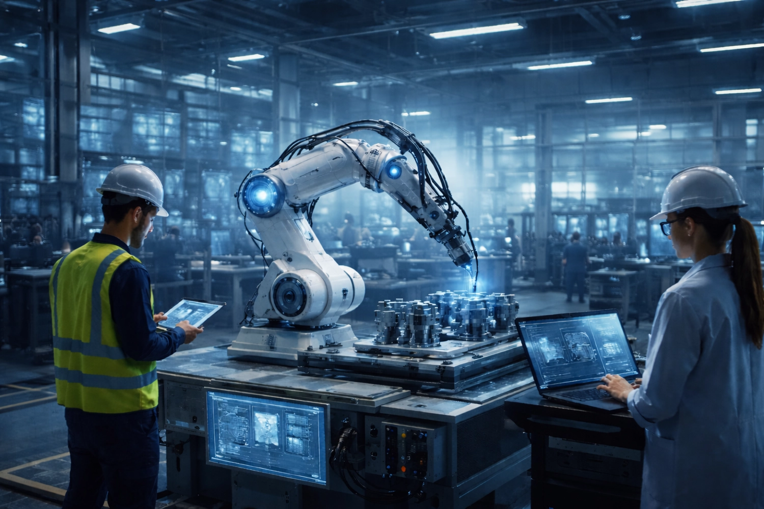 Blum-informatik - Automatisierungsexperten - Dieses Bild zeigt eine moderne industrielle Fabrikumgebung mit einem automatisierten Roboterarmsystem in Betrieb.