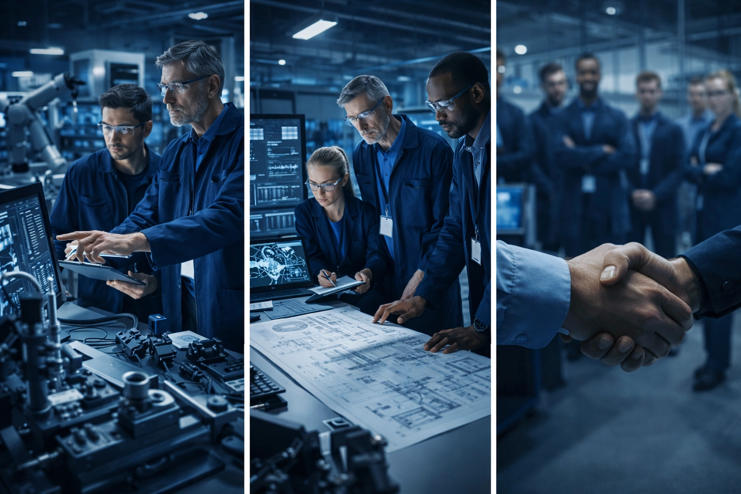 Blum-informatik - Automatisierungsexperten - Dieses Bild zeigt ein Team von Ingenieuren, die in einem modernen Industrieumfeld arbeiten und sich auf intelligente Fertigung und Fabrikdigitalisierung konzentrieren.