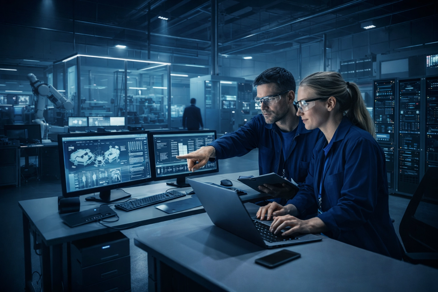 Blum-informatik – Automatisierungsexperten – Dieses Bild zeigt einen Moment, in dem Wirtschaftsingenieure eine High-Tech-Fertigungsanlage überwachen, die wahrscheinlich industrielle IoT- oder KI-gesteuerte Systeme zur Prozessoptimierung nutzt.