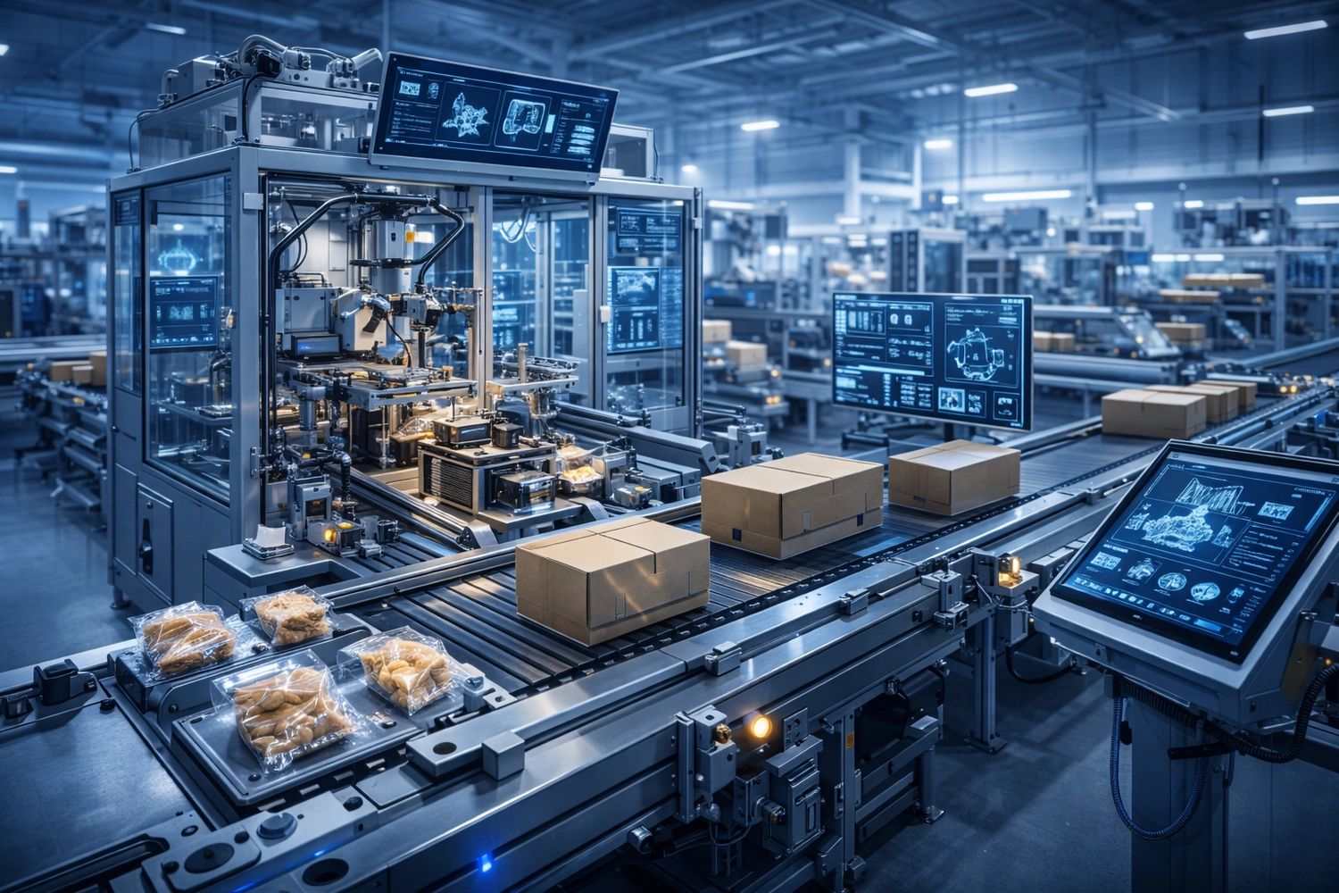 Blum-informatik - Automatisierungsexperten - Dieses Bild zeigt eine moderne, automatisierte Verpackungsfabrik, die fortschrittliche Technologie zur Verbesserung von Effizienz und Präzision nutzt.