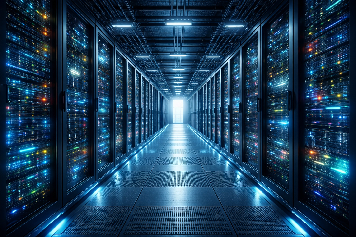 Blum-informatik - Automatisierungsexperten - Dieses Bild zeigt einen modernen Serverraumkorridor eines Rechenzentrums, der durch endlose Reihen von Serverracks mit beleuchteten Lichtern gekennzeichnet ist. Diese Einrichtungen sind von zentraler Bedeutung für die digitale Infrastruktur und beherbergen wesentliche Komponenten für die Verarbeitung, Speicherung und Vernetzung von Daten.